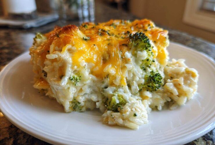 A close-up serving of creamy chicken broccoli rice casserole topped with melted, golden cheddar cheese.