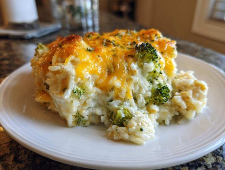 A close-up serving of creamy chicken broccoli rice casserole topped with melted, golden cheddar cheese.