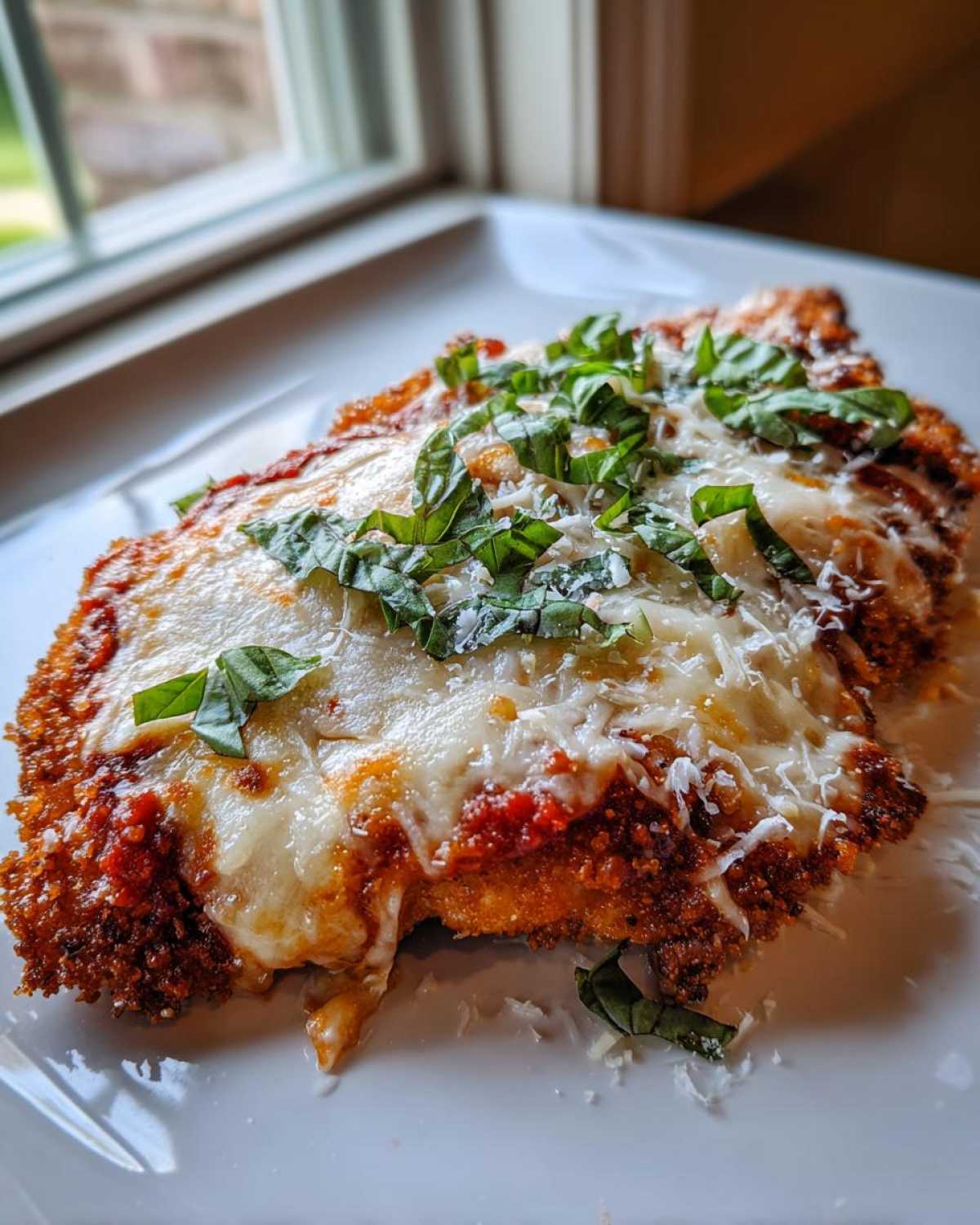 A close-up of a crispy, breaded chicken parmesan recipe cutlet topped with melted mozzarella, marinara sauce, and fresh basil.