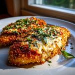 Two golden-brown pieces of breaded chicken parmesan topped with melted mozzarella and fresh basil.