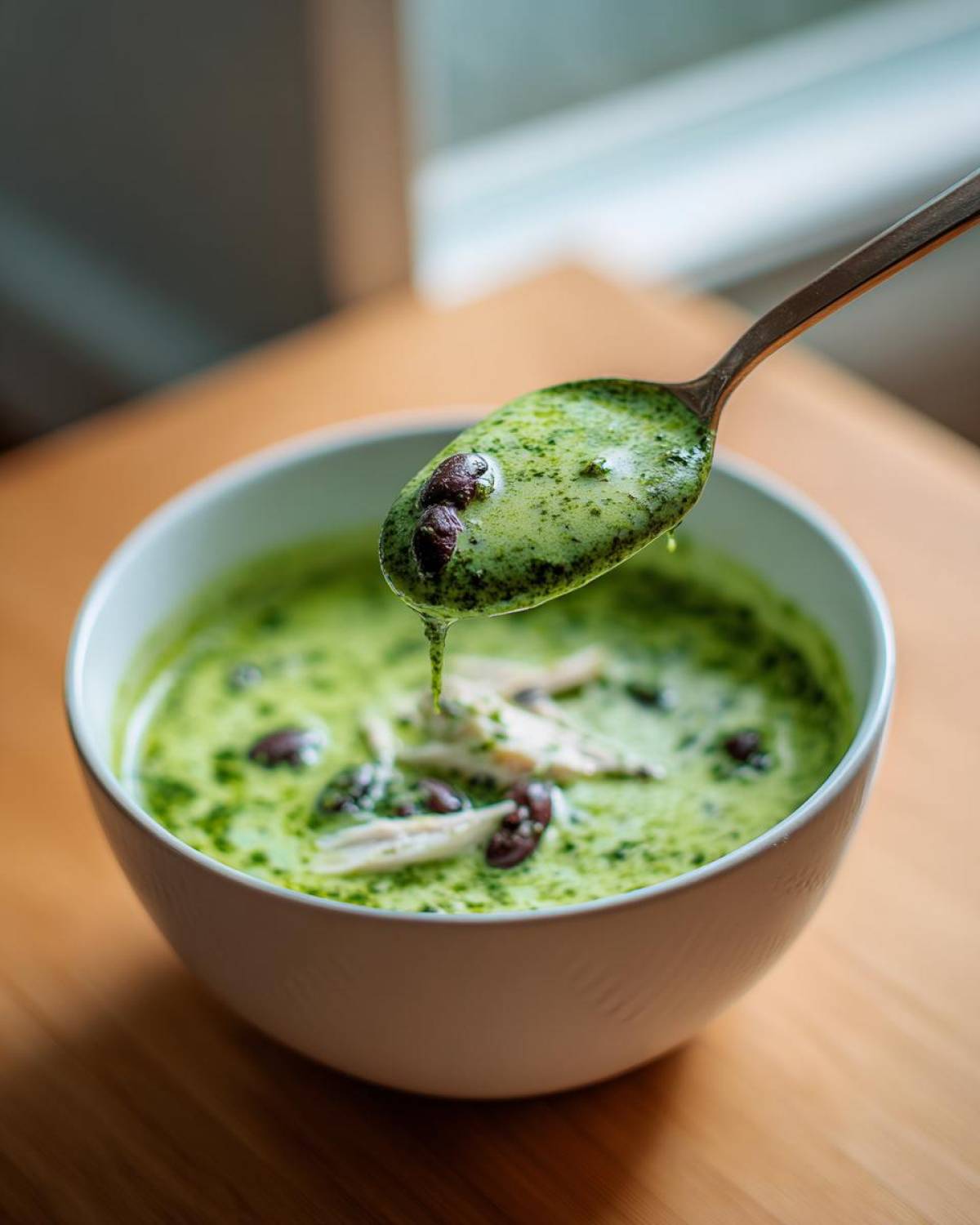 A spoonful of vibrant green chicken poblano soup recipe being lifted from a white bowl, showing shredded chicken and black beans.