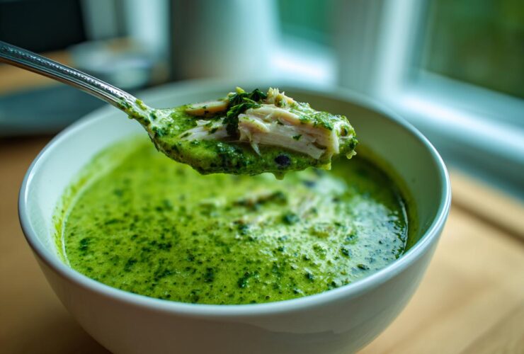 A spoonful of vibrant green chicken poblano soup, showing shredded chicken and herbs, lifted from a white bowl.
