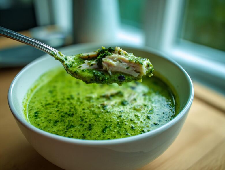 A spoonful of vibrant green chicken poblano soup, showing shredded chicken and herbs, lifted from a white bowl.