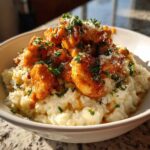 A close-up of chicken scampi served over creamy garlic parmesan rice, garnished with parsley and cheese.