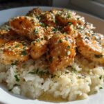 Golden chicken scampi pieces served over creamy garlic parmesan rice, garnished with parsley.