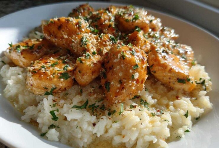 Golden chicken scampi pieces served over creamy garlic parmesan rice, garnished with parsley.