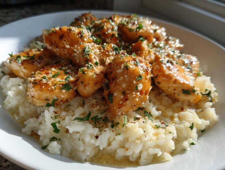 Golden chicken scampi pieces served over creamy garlic parmesan rice, garnished with parsley.