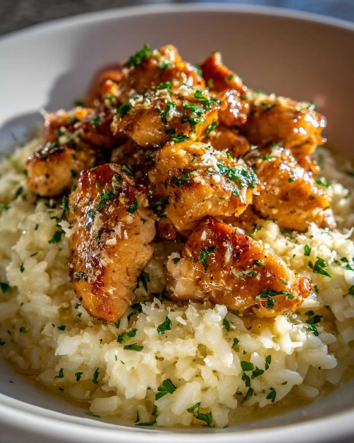 Close-up of tender chicken scampi pieces served over creamy garlic parmesan rice, garnished with parsley.