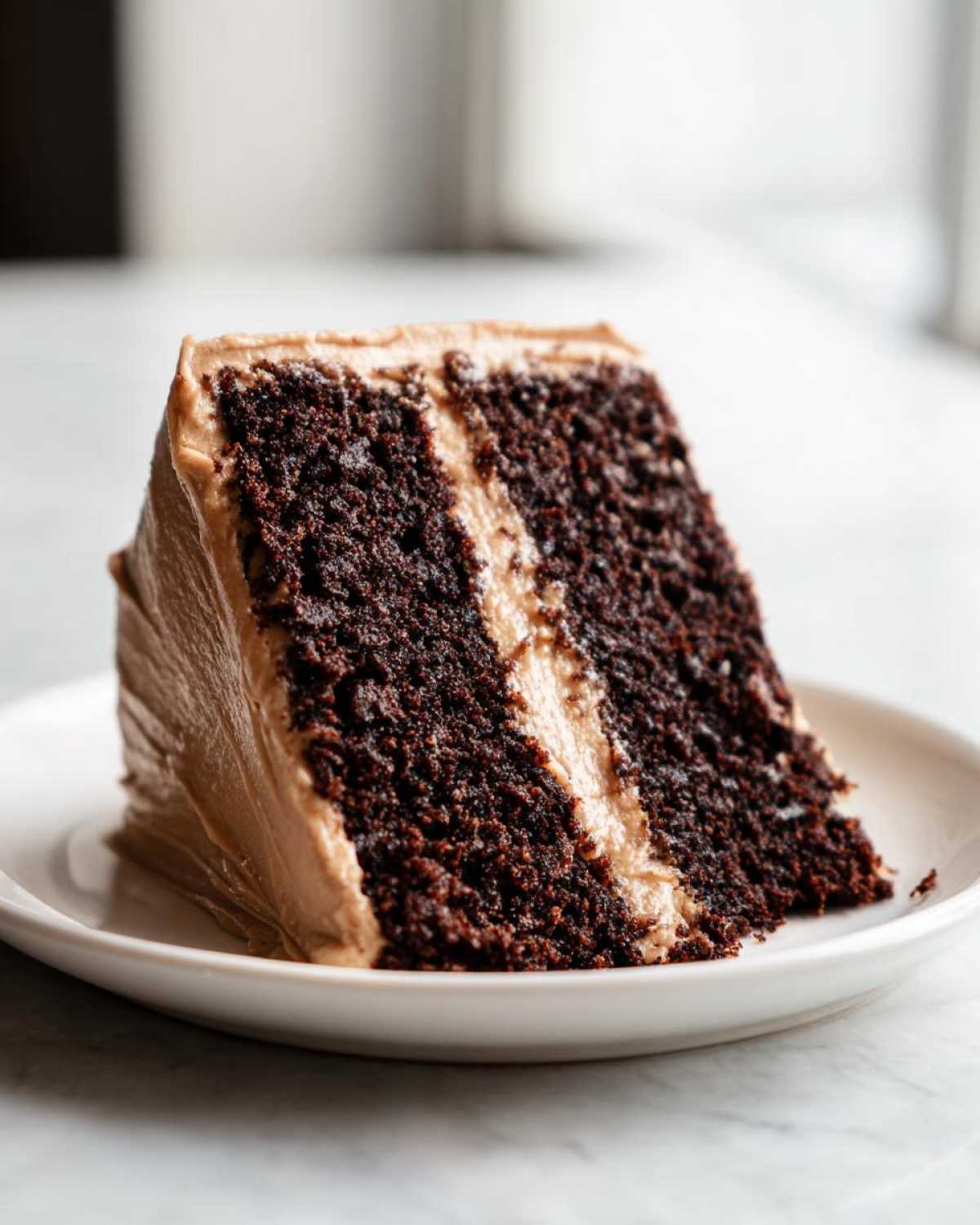 A moist slice of dark chocolate cake layered with light brown frosting, likely a gingerbread cake variation.