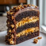 A tall slice of chocolate caramel toffee crunch cake showing three dark chocolate layers separated by thick caramel filling.