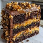 A decadent slice of chocolate caramel toffee crunch cake showing four dark chocolate layers and thick caramel filling.