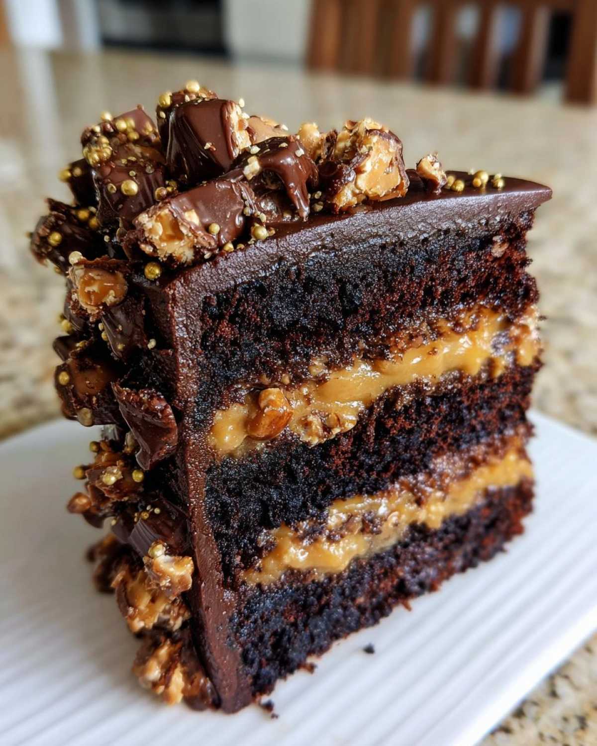 A decadent slice of chocolate caramel toffee crunch cake showing three dark chocolate layers separated by thick caramel filling.