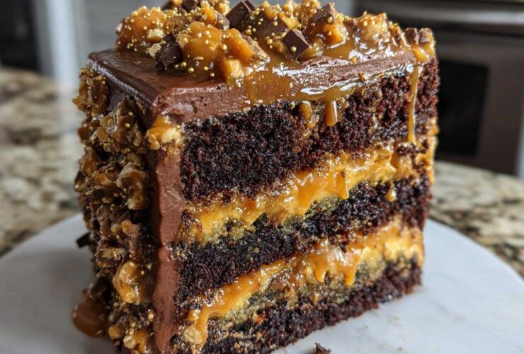A decadent slice of chocolate caramel toffee crunch cake showing four dark chocolate layers and thick caramel filling.