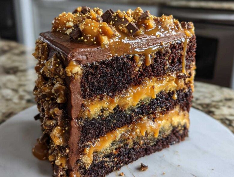A decadent slice of chocolate caramel toffee crunch cake showing four dark chocolate layers and thick caramel filling.