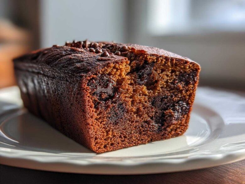 Close-up of a slice of moist chocolate chip banana bread recipe, showing melted chocolate chunks inside.