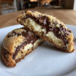 A chocolate chip cheesecake cookie cut in half showing gooey melted chocolate and creamy cheesecake filling.