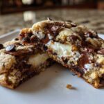 A chocolate chip cheesecake cookie cut in half showing the creamy cheesecake filling and melted chocolate chips.