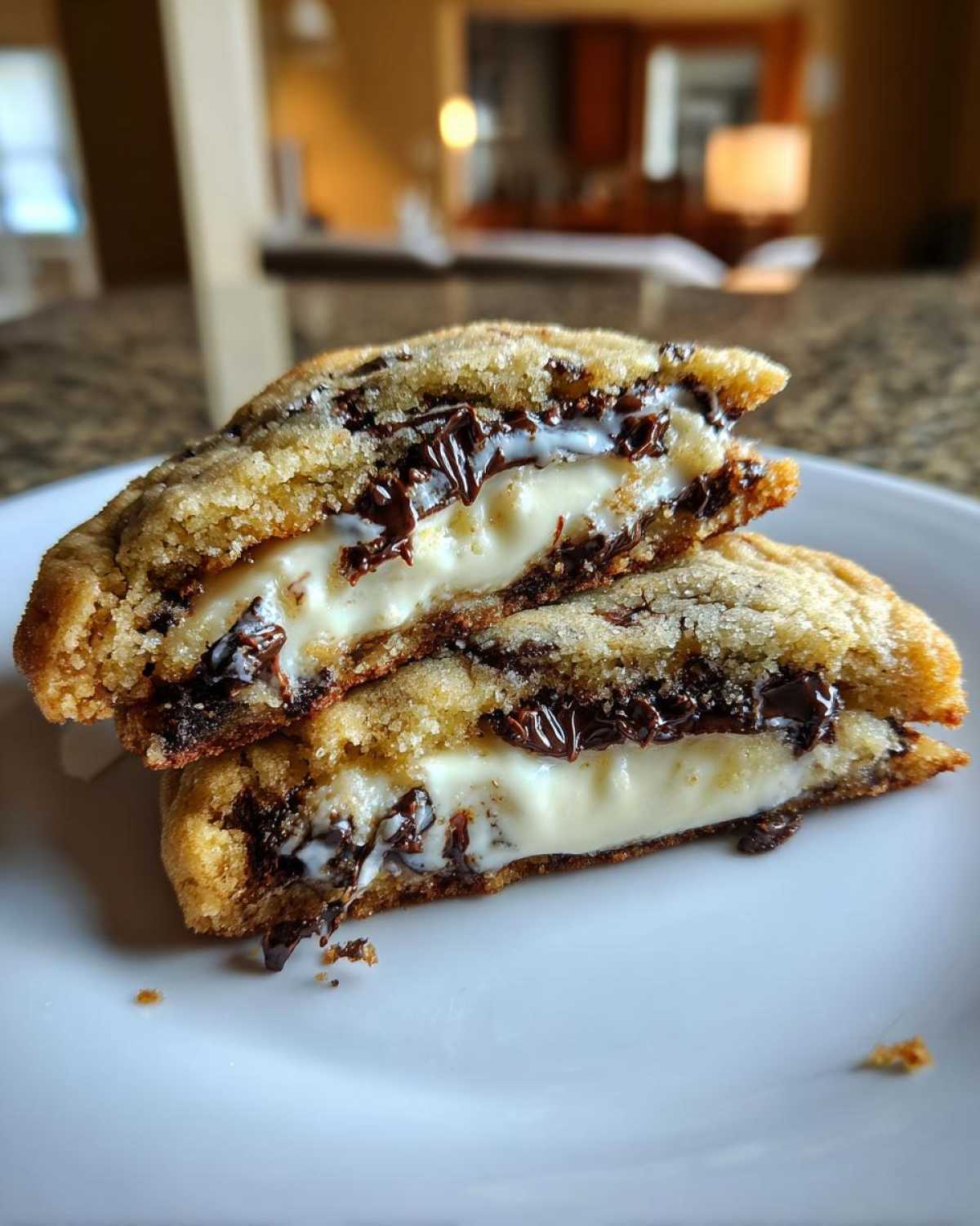 A chocolate chip cheesecake cookie cut in half, showing the gooey cheesecake center and melted chocolate chips.