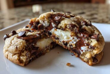 A chocolate chip cheesecake cookie cut in half showing the creamy cheesecake filling and melted chocolate chips.