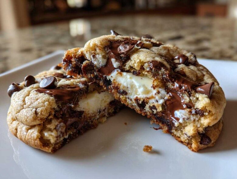 A chocolate chip cheesecake cookie cut in half showing the creamy cheesecake filling and melted chocolate chips.