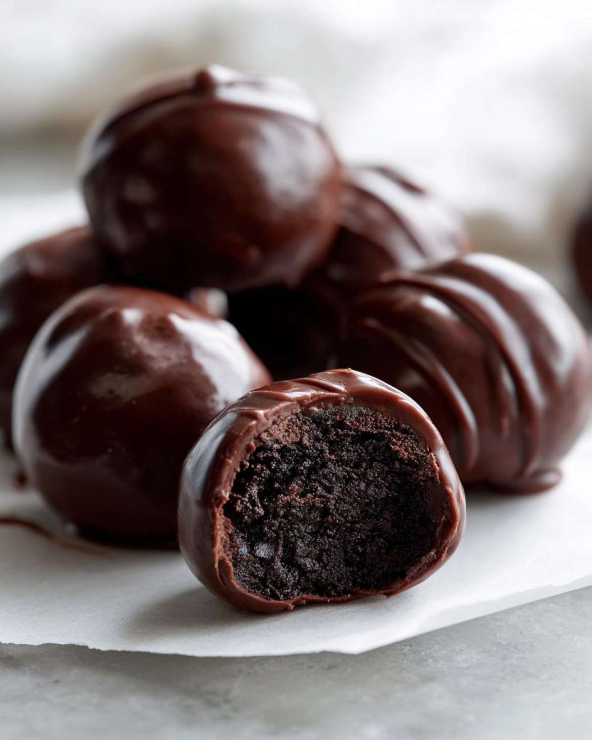 A close-up of rich, dark chocolate coated Oreo balls, with one cut in half showing the dense, dark filling.