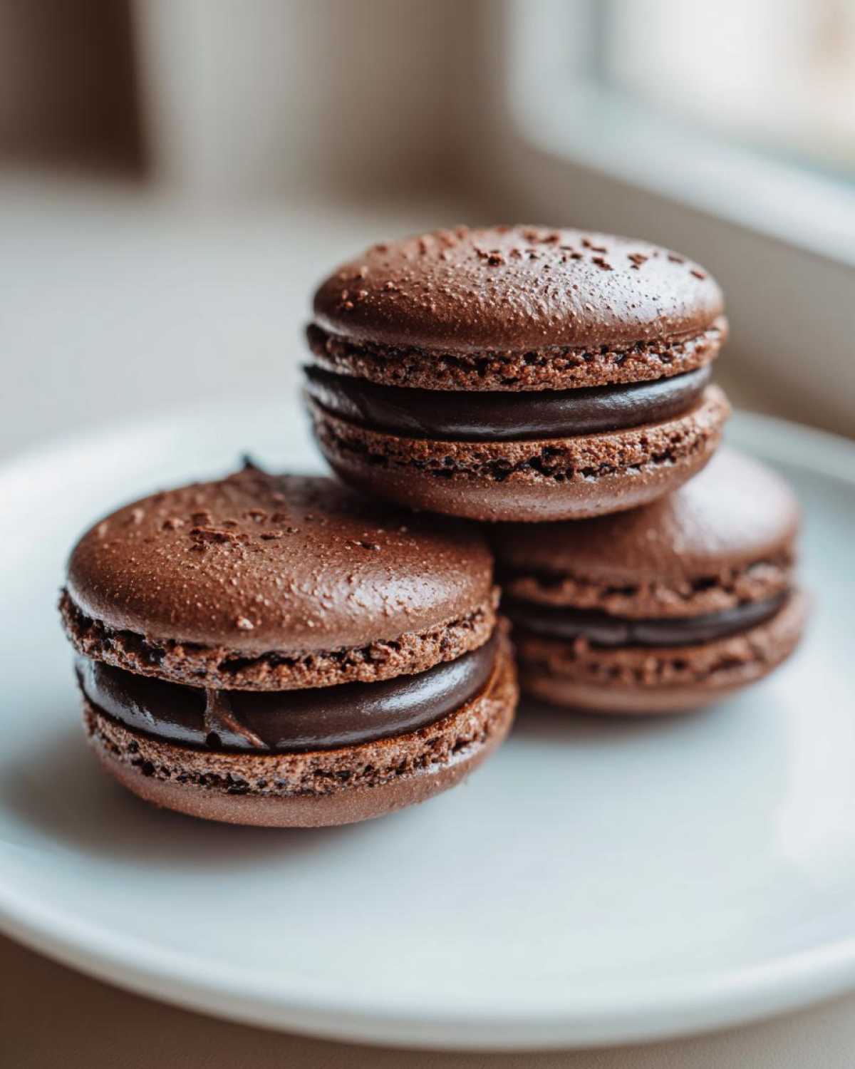Close-up of three rich, dark chocolate macarons stacked on a white plate, featuring creamy filling.