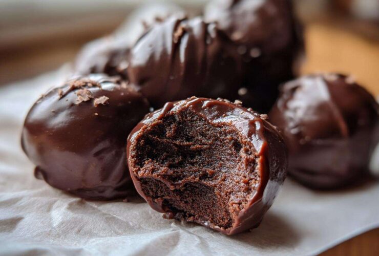 Close-up of rich, dark chocolate coated Oreo balls, with one bitten in half showing the dense, fudgy interior.