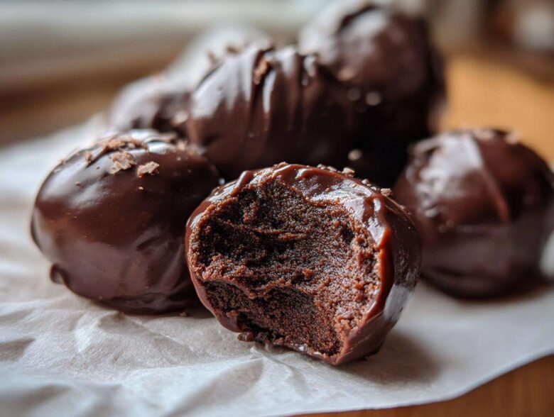 Close-up of rich, dark chocolate coated Oreo balls, with one bitten in half showing the dense, fudgy interior.