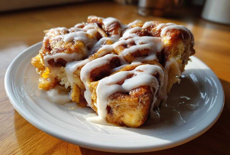 A close-up of a warm slice of cinnamon roll apple pie topped generously with white cream cheese icing.