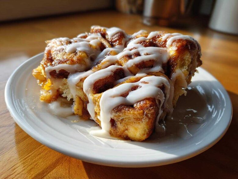 A close-up of a warm slice of cinnamon roll apple pie topped generously with white cream cheese icing.
