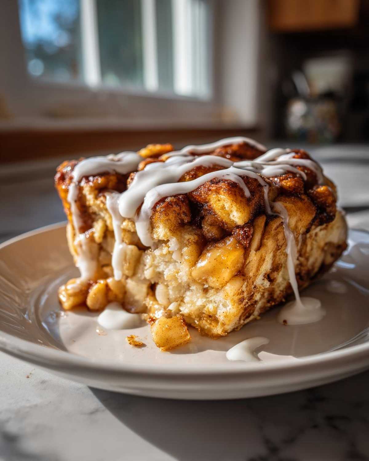 Close-up of a moist slice of cinnamon roll apple pie topped with thick white icing.