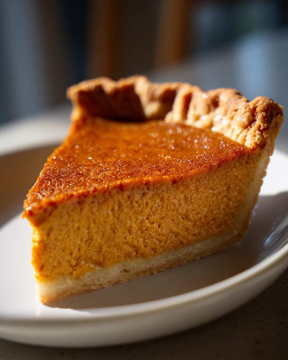 A close-up shot of a perfect slice from a classic pumpkin pie recipe showing the rich orange filling and crimped crust.