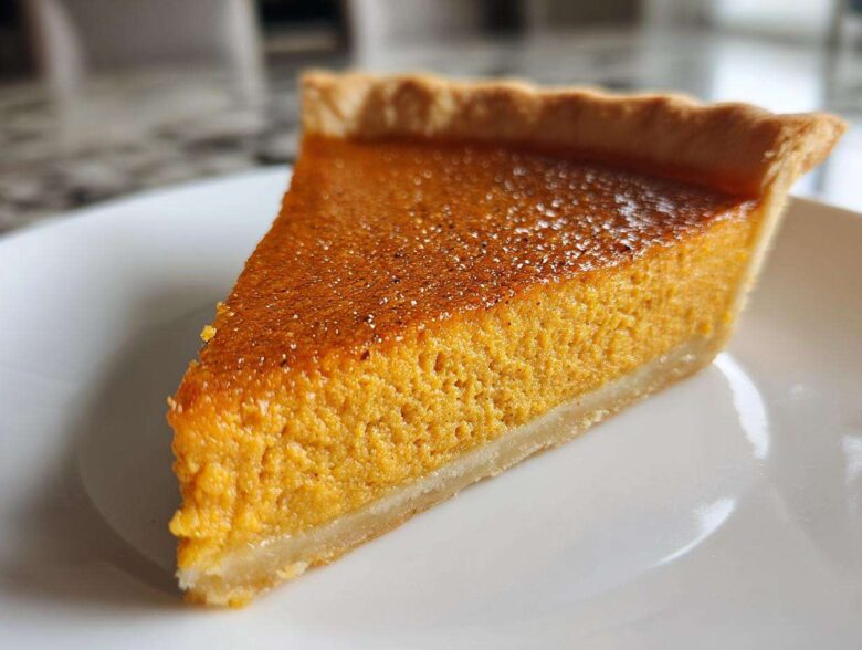 A close-up shot of a perfectly baked slice of classic pumpkin pie on a white plate.
