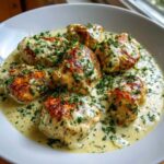 Six pieces of seared coconut lime chicken smothered in a creamy sauce and topped with fresh parsley.
