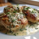 Three pieces of seared coconut lime chicken breasts covered in a creamy, herb-flecked sauce on a white plate.