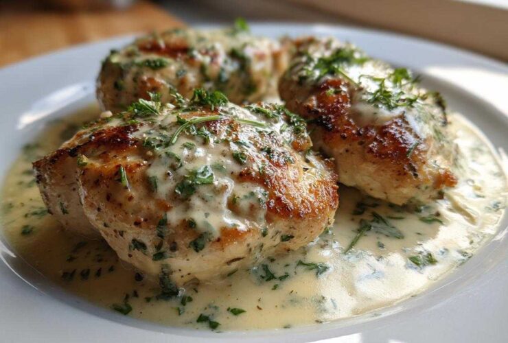 Three pieces of seared coconut lime chicken breasts covered in a creamy, herb-flecked sauce on a white plate.