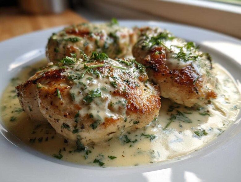 Three pieces of seared coconut lime chicken breasts covered in a creamy, herb-flecked sauce on a white plate.