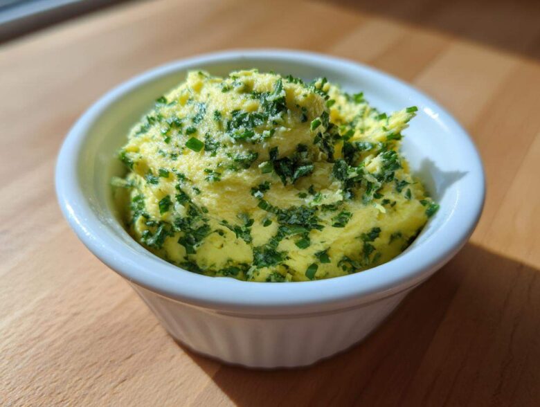 A close-up of bright yellow cowboy butter dipping sauce topped generously with chopped green herbs in a small white bowl.