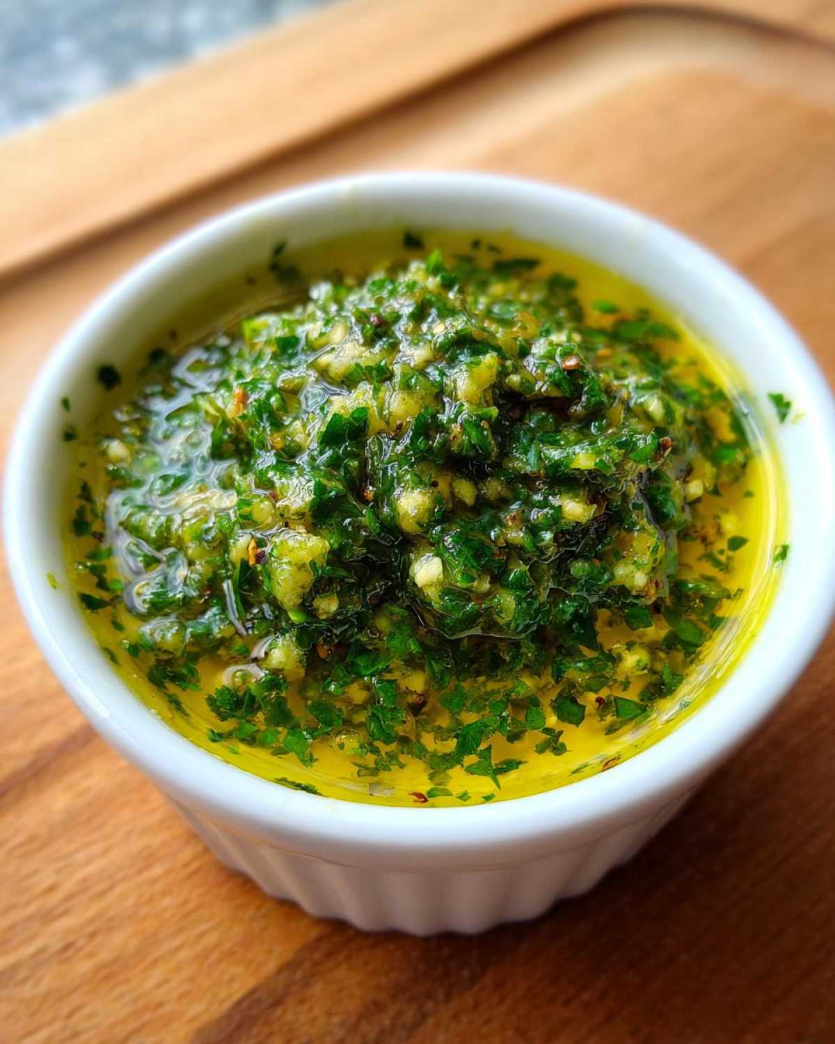Close-up of rich, herb-filled cowboy butter dipping sauce pooling in bright yellow oil in a small white bowl.