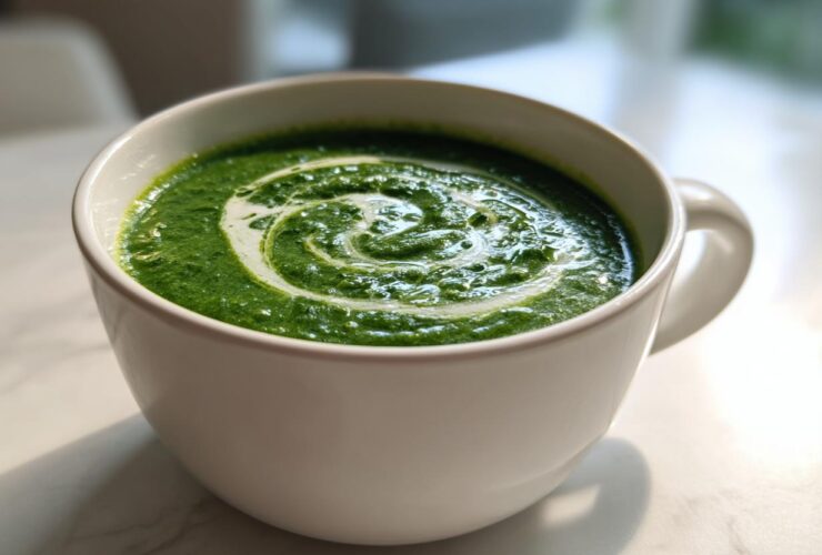 A vibrant green bowl of creamy spinach soup, garnished with a swirl of white cream.