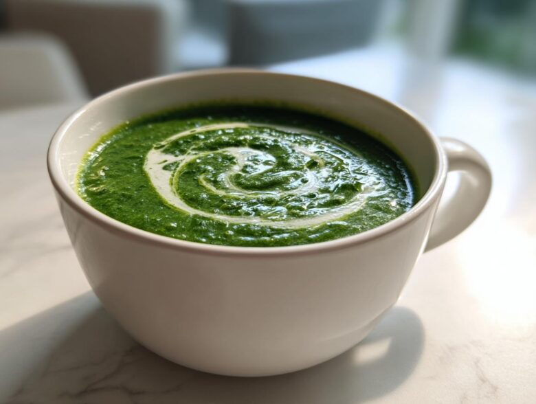 A vibrant green bowl of creamy spinach soup, garnished with a swirl of white cream.