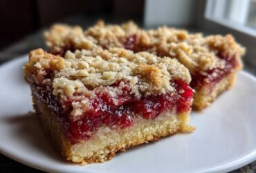 Close-up of two delicious cranberry crumble bars showing the thick, bright red cranberry filling and crumbly topping.