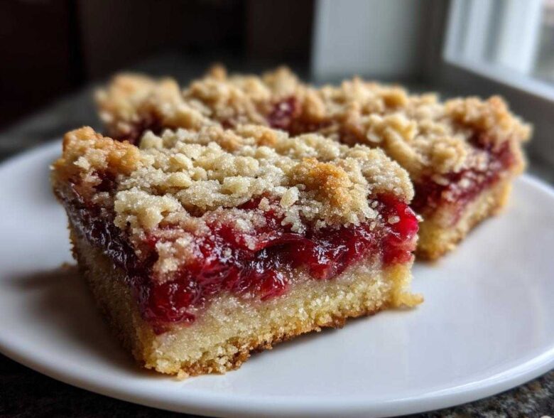 Close-up of two delicious cranberry crumble bars showing the thick, bright red cranberry filling and crumbly topping.