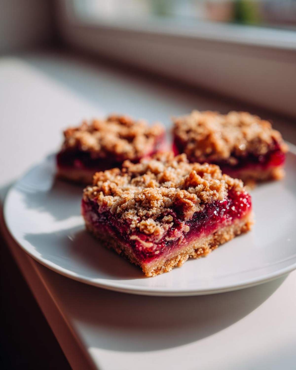 Three rich, bright red cranberry crumble bars with a thick oat topping served on a white plate in natural sunlight.