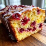 Close-up of a slice of moist cranberry orange cake, studded with bright red cranberries and drizzled with white citrus glaze.