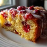 Close-up of a moist slice of cranberry orange cake topped with whole cranberries and a white citrus glaze.