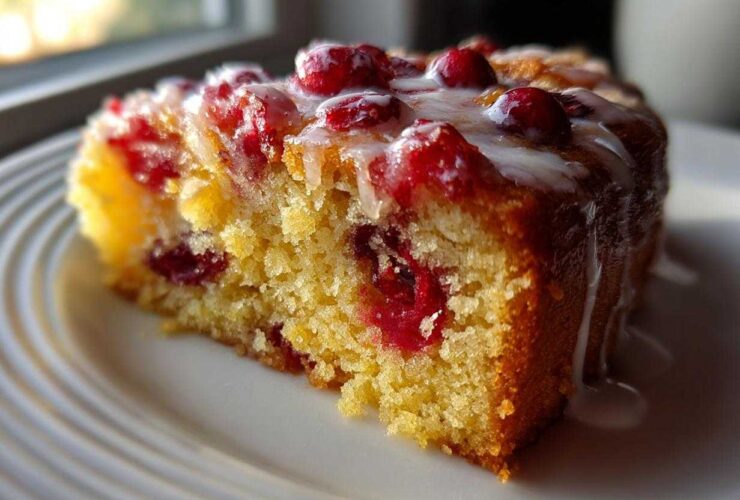 Close-up of a moist slice of cranberry orange cake topped with whole cranberries and a white citrus glaze.