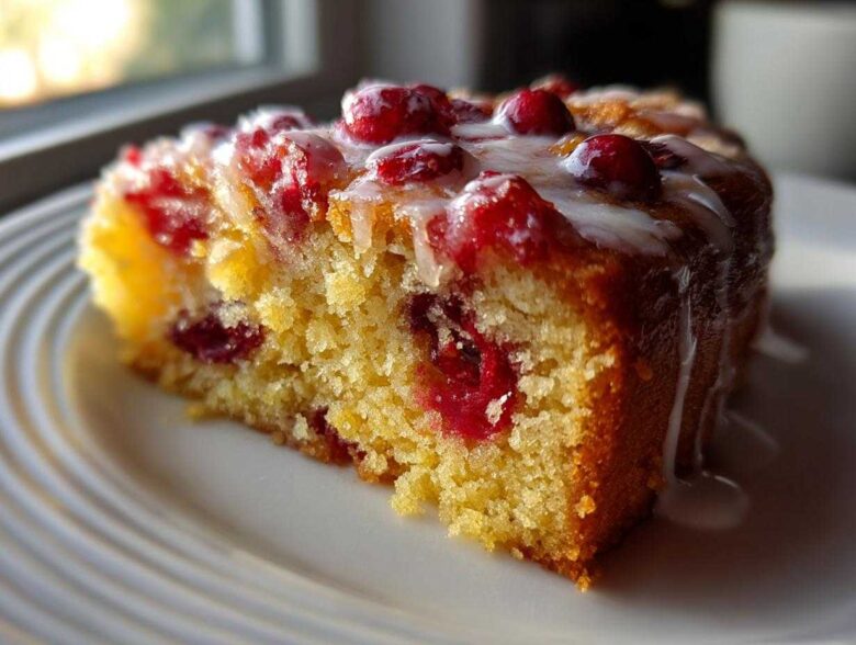 Close-up of a moist slice of cranberry orange cake topped with whole cranberries and a white citrus glaze.