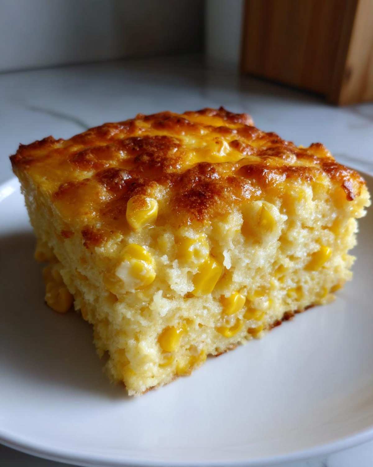 A square slice of moist cream cheese corn casserole with visible corn kernels and a golden, cheesy top.
