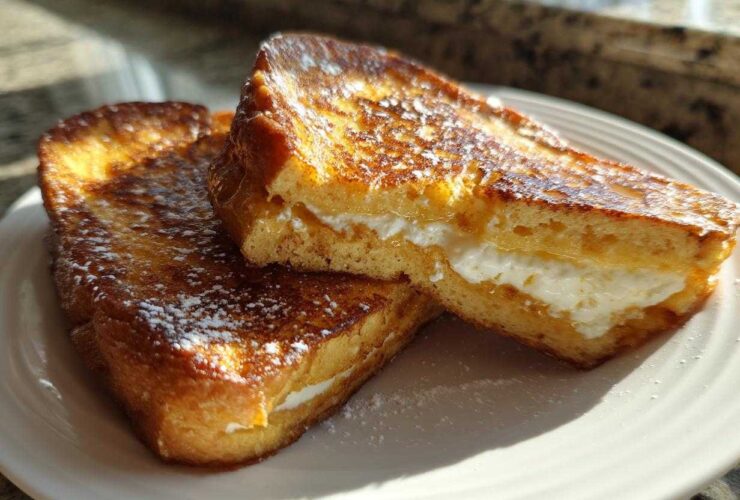 Two golden brown halves of cream cheese stuffed french toast dusted with powdered sugar on a white plate.
